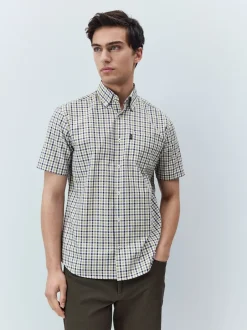 Next - Chemise Oxford Easy Iron boutonnée à manches courtes Carreaux Vichy bleu marine/neutre New