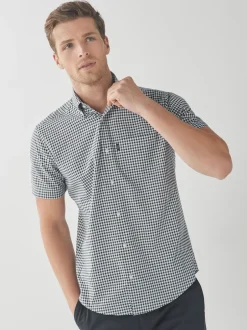 Next - Chemise Oxford Easy Iron boutonnée à manches courtes Carreaux vichy bleu marine/blanc Discount