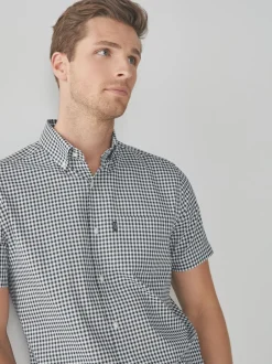 Next - Chemise Oxford Easy Iron boutonnée à manches courtes Carreaux vichy bleu marine/blanc Discount