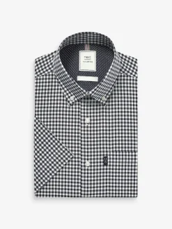 Next - Chemise Oxford Easy Iron boutonnée à manches courtes Carreaux vichy bleu marine/blanc Discount