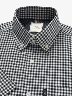 Next - Chemise Oxford Easy Iron boutonnée à manches courtes Carreaux vichy bleu marine/blanc Discount