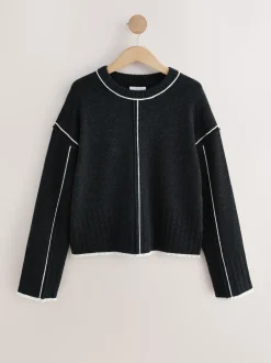 Next - Pull ras du cou 100% laine d’agneau N.premium Charbon à liserés