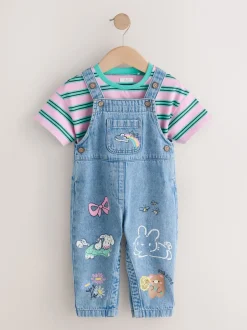 Next Chat Bleu Milieu - Salopettes en Denim imprimées (3mois à7ans) Clearance