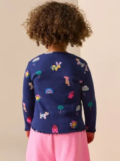 Next - T-shirt à manches longues en côtes (3mths-7yrs) Chats et chiens bleu marine Outlet