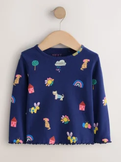 Next - T-shirt à manches longues en côtes (3mths-7yrs) Chats et chiens bleu marine Outlet