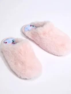 Boux Avenue Chaussons mules en peluche à semelle brodée de cerise