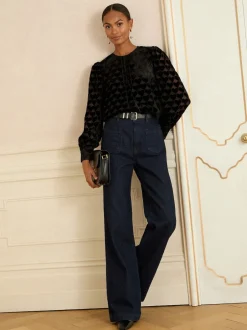 Love & Roses Coeur noir - Chemisier en tissu dévoré à manches longues et col rond Outlet