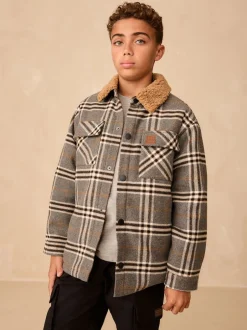 Next Col Gris À carreaux borg - Veste-chemise doublée (3-16ans) New