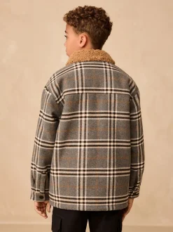 Next Col Gris À carreaux borg - Veste-chemise doublée (3-16ans) New
