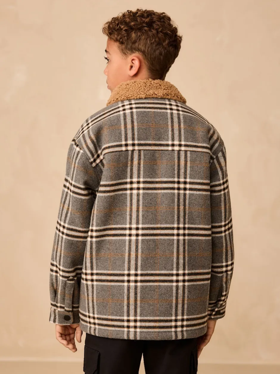 Next Col Gris À carreaux borg - Veste-chemise doublée (3-16ans) New