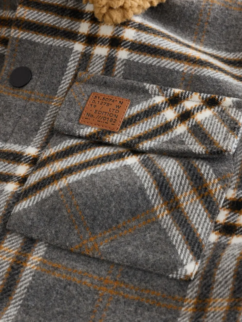 Next Col Gris À carreaux borg - Veste-chemise doublée (3-16ans) New