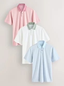 Next - Polo en jersey Manches courtes 3 Pack Col tissé rose / bleu / blanc Best