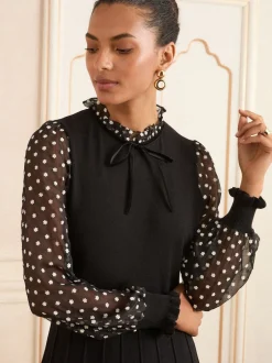 Love & Roses Col volanté Noir à pois Fleuri - Robe courte en maille à manches et col volantés