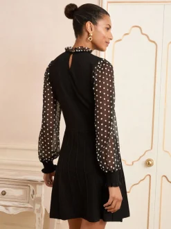 Love & Roses Col volanté Noir à pois Fleuri - Robe courte en maille à manches et col volantés