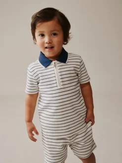 Next - Ensemble polos et shorts de manches (3mois-7ans) Col zippé à rayures bleu marine et blanc Online