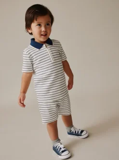 Next - Ensemble polos et shorts de manches (3mois-7ans) Col zippé à rayures bleu marine et blanc Online