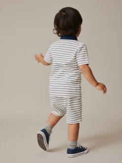 Next - Ensemble polos et shorts de manches (3mois-7ans) Col zippé à rayures bleu marine et blanc Online