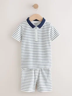 Next - Ensemble polos et shorts de manches (3mois-7ans) Col zippé à rayures bleu marine et blanc Online