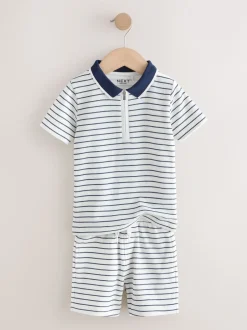 Next - Ensemble polos et shorts de manches (3mois-7ans) Col zippé à rayures bleu marine et blanc Online