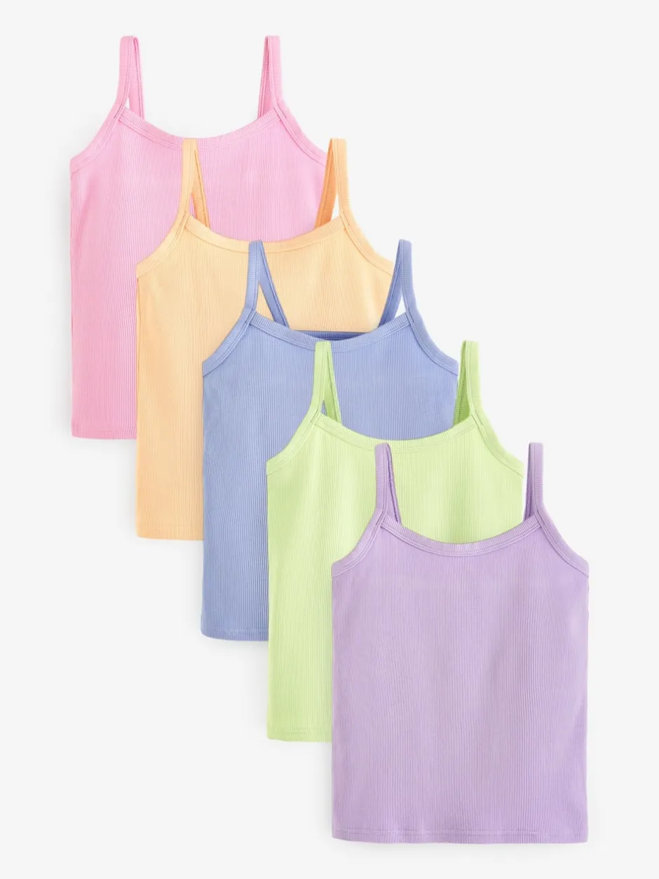 Next Coloris pastel - Lot de 5 débardeurs côtelés (2-16 ans) Clearance