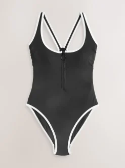 Next Contraste noir/blanc - Maillot de bain avec fermeture éclair et contrôle du ventre Best