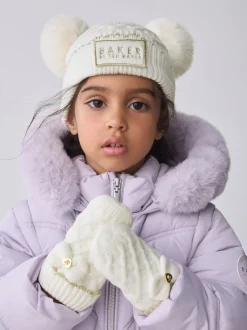 Baker by Ted Baker Crème - Ensemble chapeau et moufles à double pompon pour fille New