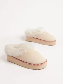 Friends Like These Crème - chaussons mules brodés à poignets en fausse fourrure Sale