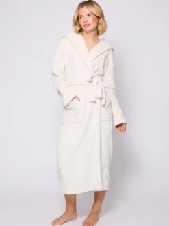 Loungeable - Peignoir longue luxueuse à capuche en polaire avec ruban de Noël Crème Outlet