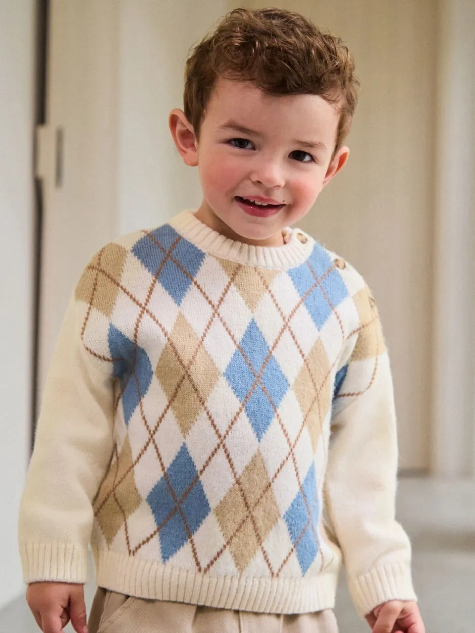 Next Crème Argyle - Pull en coton à col rond en maille (3mois -7ans) Discount