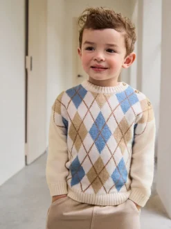Next Crème Argyle - Pull en coton à col rond en maille (3mois -7ans) Discount