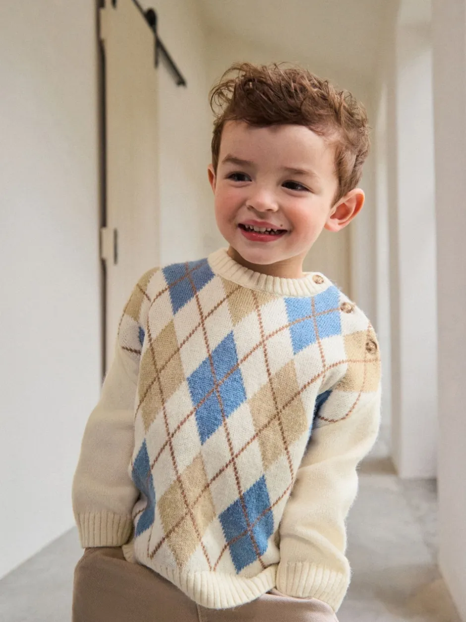 Next Crème Argyle - Pull en coton à col rond en maille (3mois -7ans) Discount