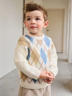 Next Crème Argyle - Pull en coton à col rond en maille (3mois -7ans) Discount