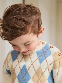 Next Crème Argyle - Pull en coton à col rond en maille (3mois -7ans) Discount