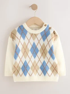 Next Crème Argyle - Pull en coton à col rond en maille (3mois -7ans) Discount