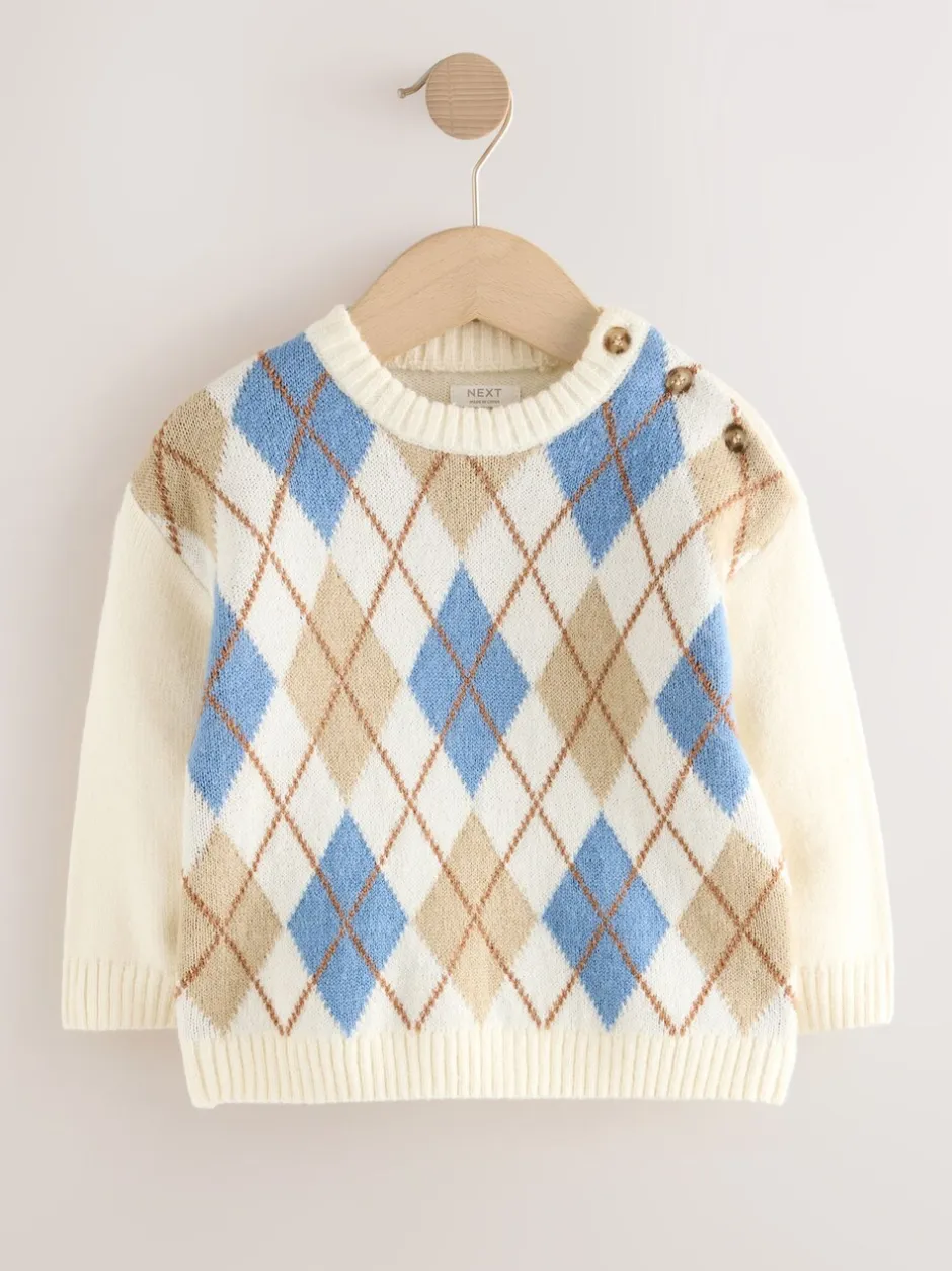 Next Crème Argyle - Pull en coton à col rond en maille (3mois -7ans) Discount