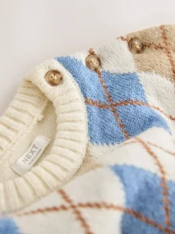 Next Crème Argyle - Pull en coton à col rond en maille (3mois -7ans) Discount