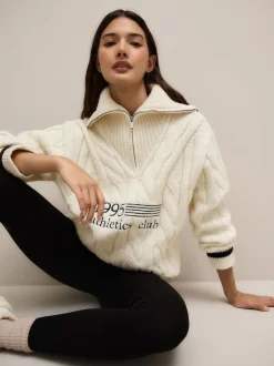 Next Crème écru - Pull graphique à col zippé en câble 1995 New