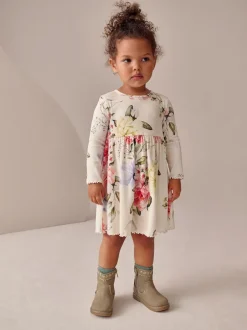 Next - Robe côtelée à manches longues (3mois-7ans) Crème fleuri Hot