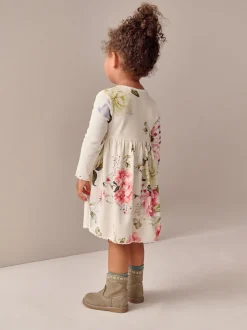 Next - Robe côtelée à manches longues (3mois-7ans) Crème fleuri Hot