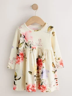 Next - Robe côtelée à manches longues (3mois-7ans) Crème fleuri Hot