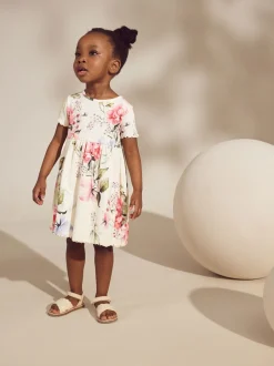 Next Crème fleuri - Robe d’été côtelée à manches courtes (3mois à7ans) Outlet