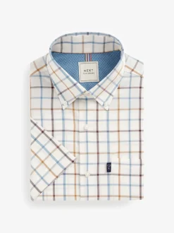 Next - Chemise Oxford Easy Iron boutonnée à manches courtes Crème/bleu à carreaux Tattersall Hot