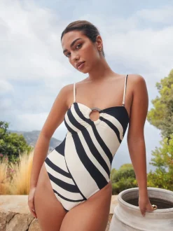 Next Crème/noir à rayures - Maillot de bain bandeau à contrôle du ventre New