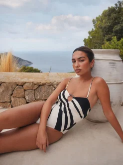 Next Crème/noir à rayures - Maillot de bain bandeau à contrôle du ventre New