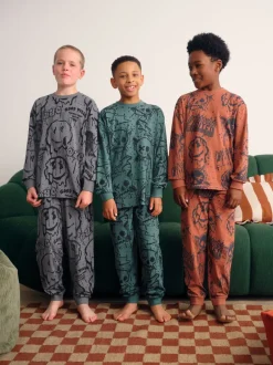 Next - Lot de 3 pyjamas à manches longues (3-16ans) Crâne graffiti vert/orange Online
