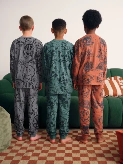 Next - Lot de 3 pyjamas à manches longues (3-16ans) Crâne graffiti vert/orange Online