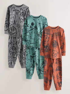 Next - Lot de 3 pyjamas à manches longues (3-16ans) Crâne graffiti vert/orange Online