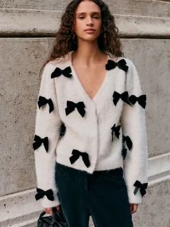 Next écru - Cardigan à nœud en velours tricoté avec laine Hot