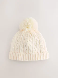 Next écru - Chapeau à pompons en maille torsadée pointelle (0mois-2ans) New
