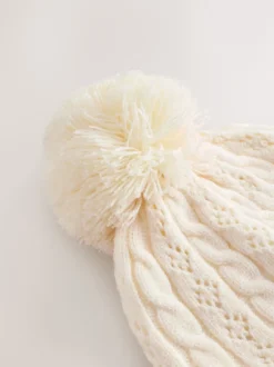 Next écru - Chapeau à pompons en maille torsadée pointelle (0mois-2ans) New